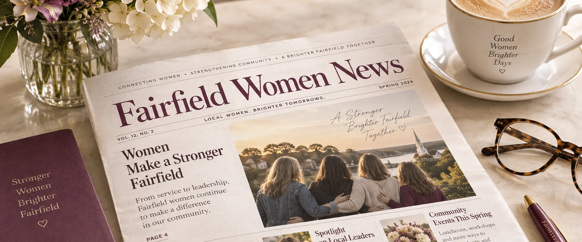 Fairfield Women News newspaper on a table with flowers and coffee