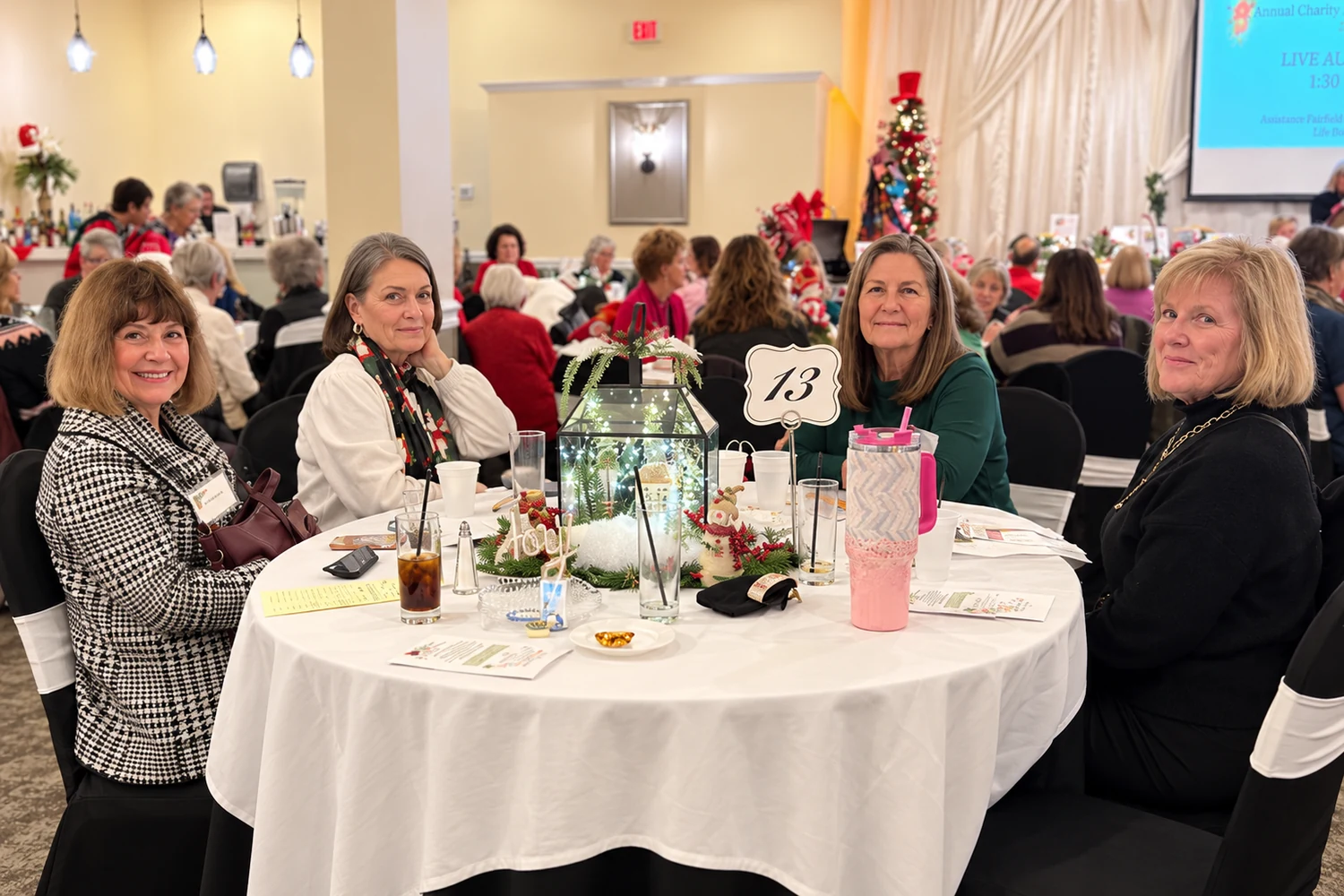 Fairfield Women members gathered around a decorated table during the annual Charity Auction